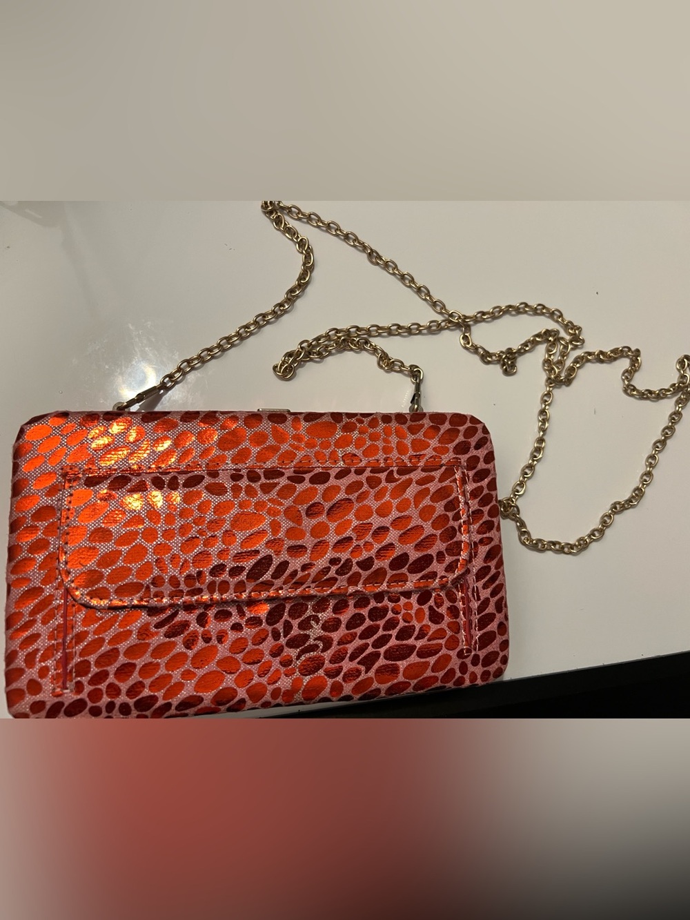 Removable Gold Chain Shoulder Clutch/Bag in Shiny Orange & Pink/Red Animal-Print